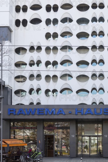 Historic façade in the style of Eastern Modernism and entrance area, Rawema building in Chemnitz,