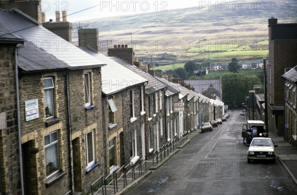 Steeply sloping street with Victorian terraced houses, Park Street, Blaenavon, Torfaen, South Wales