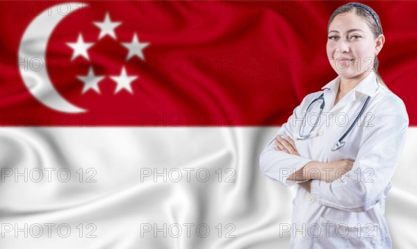 Female doctor on Singapore flag. Doctor with crossed arms on Singapore flag. Singapore Health and