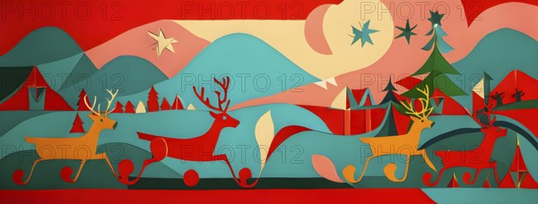 Whimsical abstract scene with stylized reindeer and sleighs to capture the magic of Christmas, AI