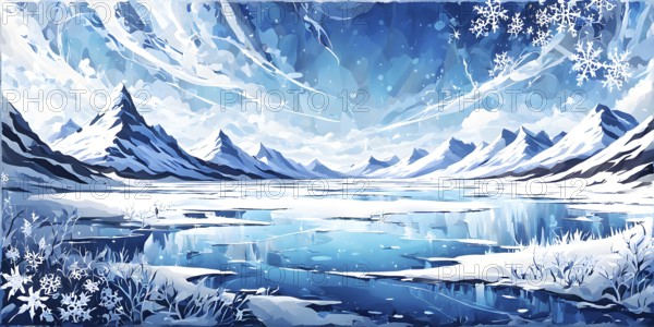 Abstract illustration of dreamy, icy landscape with swirling blues, whites, and silvers, evoking
