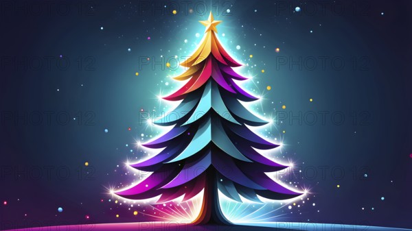 Abstract Christmas tree illustration with vibrant colors and geometric shapes, AI generated