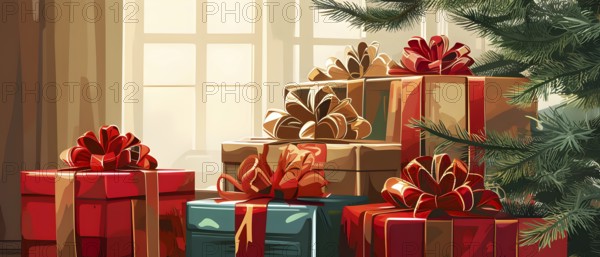 Abstract illustration of wrapped Christmas gifts, shiny ribbons and bows, stacked under a evergreen