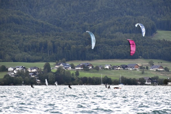 Kitesurfer on the Wolfgangsee, Salzkammergut, Austria, Europe