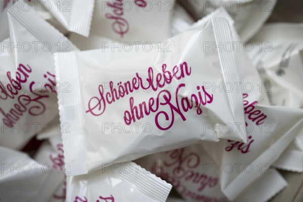 Fortune biscuits with the inscription, Schöner leben ohne Nazis, a campaign by Aktionsbuendnis