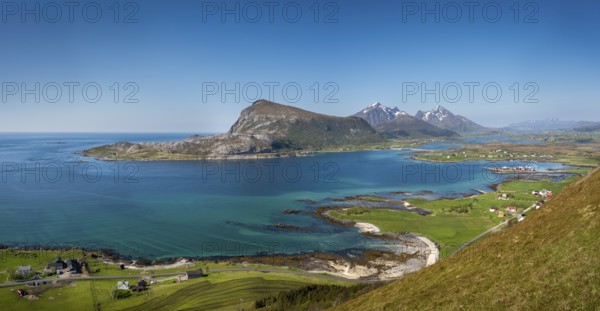 Landscape with sea and mountains, view from Hornsheia to the mountains Offersoykammen and