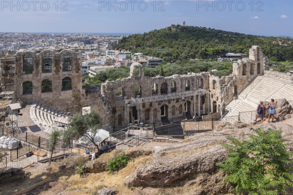 View from the Acropolis to the Odeon of Herodes Atticus and Athens, Greece, Europe