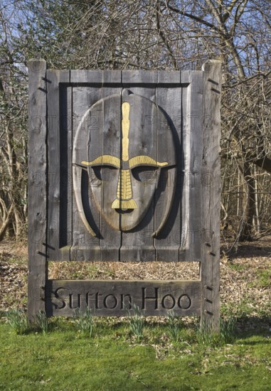 Saxon helmet entrance sign at Sutton Hoo Anglo-saxon burial site, near Woodbridge, Suffolk,