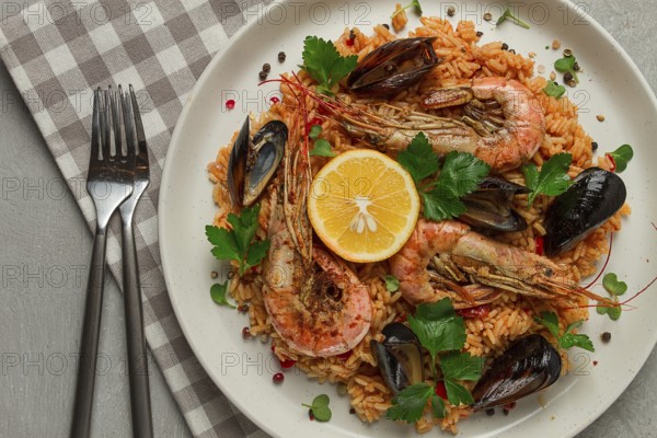 Seafood paella, shrimp and mussels risotto, rice, homemade, top view, no people