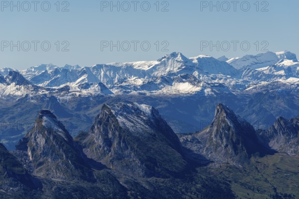 View from the alpine peak Säntis to the Appenzell Alps, 2505m altitude, Schwägalp, snow-covered