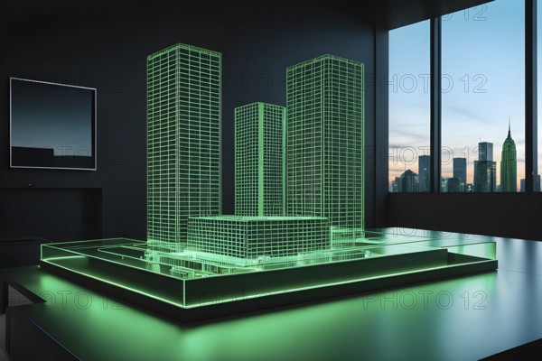 Hologram green skyscraper wireframe on table, ai generated, AI generated