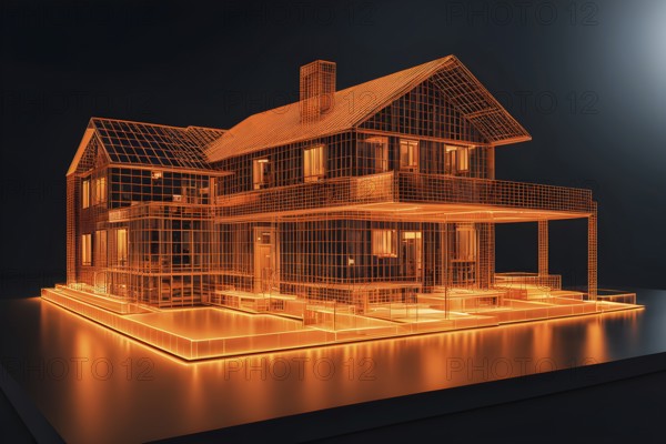 Hologram orange house architecture wireframe on table, ai generated, AI generated