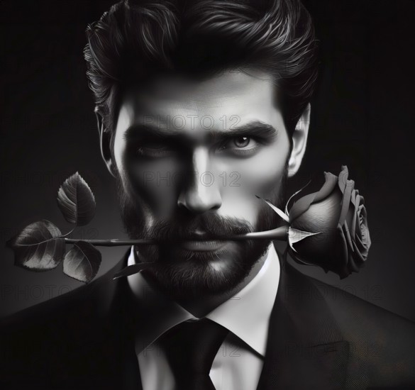 A young man, dreamy, with a rose, symbolic image romantic, romance, dreaming, love, in love,