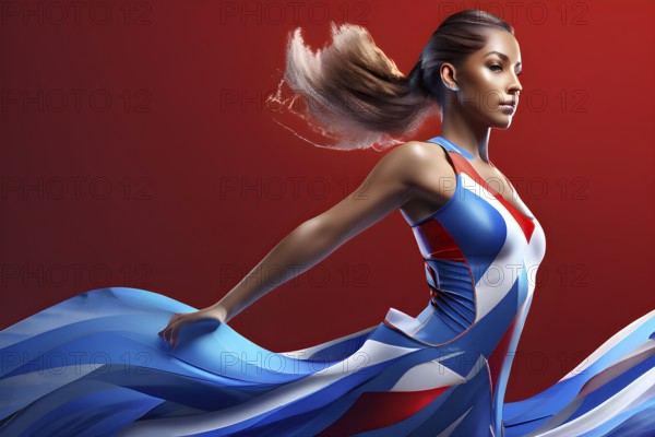 Abstract digital render of a female olympic athlete morphing into fluid shapes in french tricolor