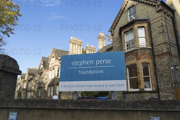Sign for Stephen Perse Foundation nursery school, Salisbury Villas, Cambridge, Cambridgeshire,