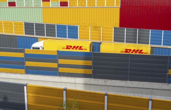 Colourful noise barriers on the A52 motorway, at the Essen-Rüttenscheid junction, the noise