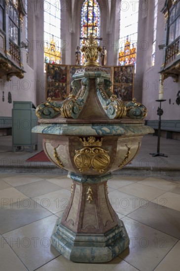 Historic baptismal font in the Protestant Church of St Mary, Hersbruck, Middle Franconia, Bavaria,