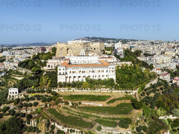 Castel Sant'Elmo and Charterhouse and Museum of San Martino from a drone, Campania, Italy, Europe