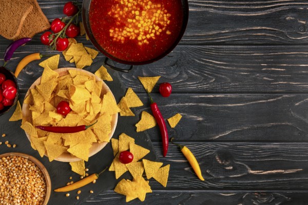 Tortilla chips next to a pan with chilli con carne, peppers and tomatoes on a dark wooden