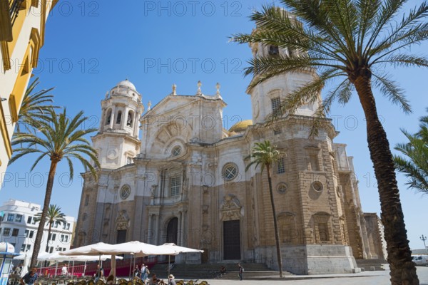 Impressive cathedral with palm trees and café terraces under a clear blue sky, Catedral de Santa