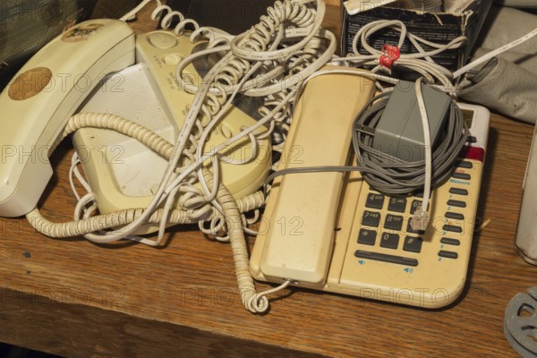 Old analog dial tone telephone and answering machine, Quebec, Canada, North America