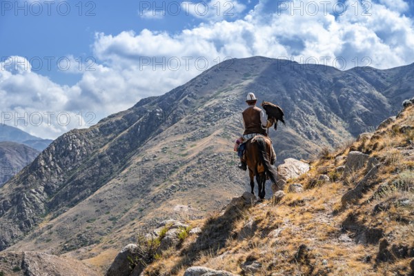 Traditional Kyrgyz eagle hunter in the mountains hunting on horseback, near Kysyl-Suu, Kyrgyzstan,