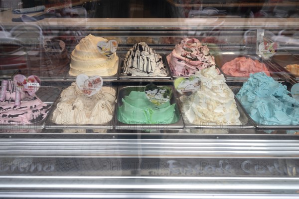 Ice cream flavours in the counter of an ice cream parlour, Bavaria, Germany, Europe