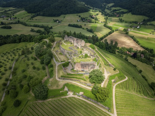 Aerial view of the ruins of Hochburg Castle, also known as Hachberg, 11th century, between