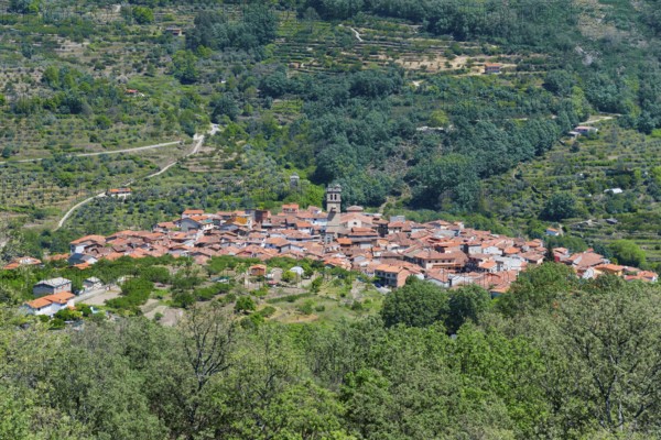 A small village with red roofs in a green valley, surrounded by mountains and dense vegetation