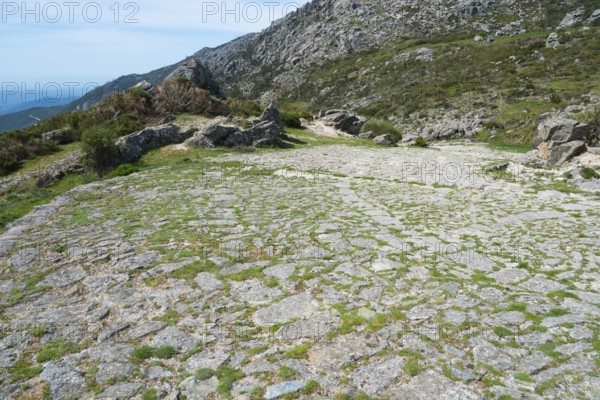 A cobbled path winds through a rocky and green landscape, old Roman road, at the Puerto del Pico,