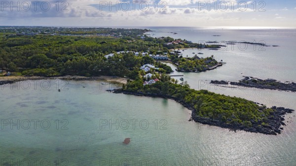 Bird's eye view of aerial view of lagoon and small islands at Cap Malheureux, Mauritius, Africa