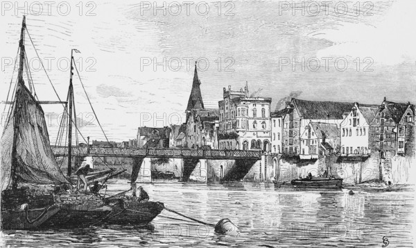 Weser bridge in Bremen, cityscape, shipping, barges, sails, house fronts, church tower, Germany,