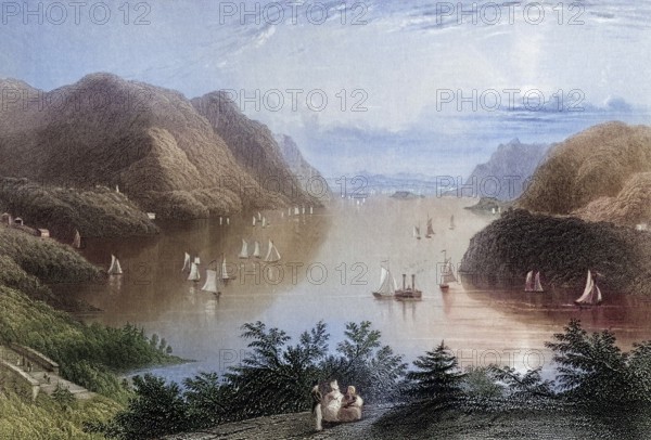 View of the Hudson River from West Point USA, From a nineteenth-century engraving by R. Wallis