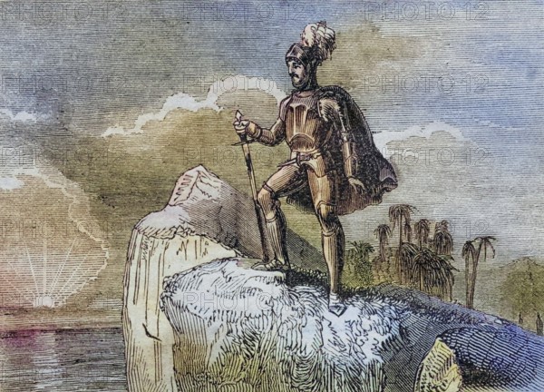 Balboa's first sighting of the Pacific, 1513. Vasco Nunez de Balboa, 1475-1519. Spanish