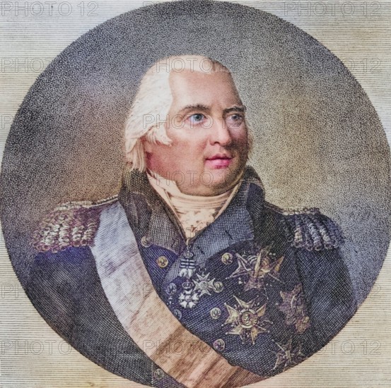 Louis XVIII, Louis-Stanislas-Xavier, 1755-1824, King of France 1814-1824, Photo-etching from an old