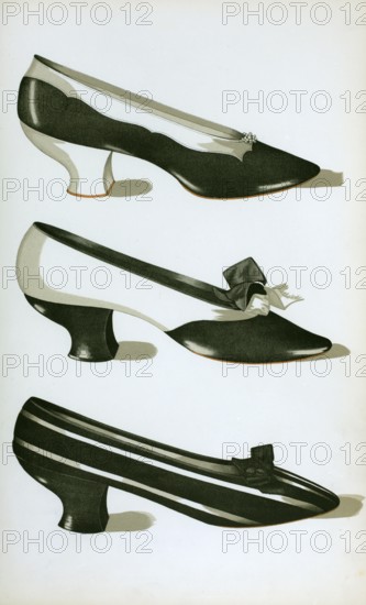 Shoe fashion in 1900, Women's shoes, Three shoes in 'Magpie' colours, the first two in kid, the