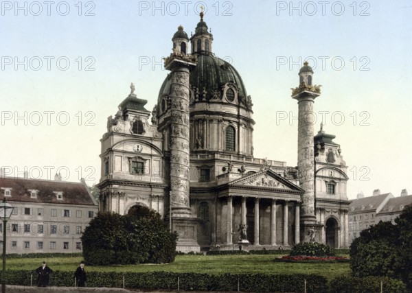 Karlskirche in Vienna, Austria, Historical, digitally restored reproduction from a 19th century