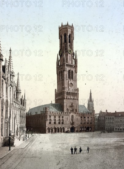 The Belfry on the Great Square in Bruges, Belgium, Historical, digitally restored reproduction from