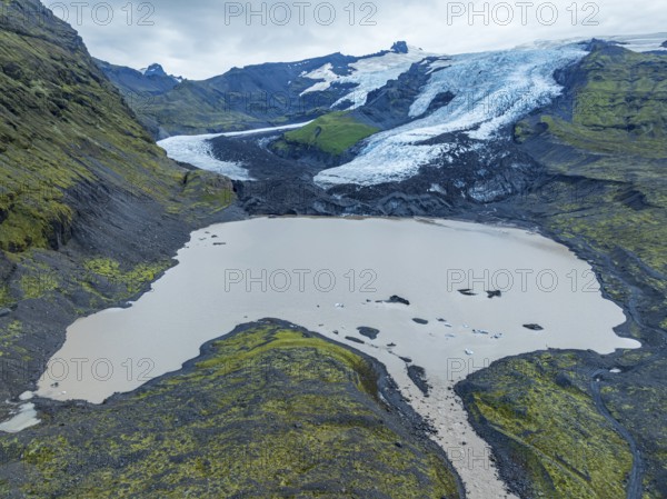 Aerial view of glacier Falljökull, a glacier tongue of Vatnajökull glacier, glacial lake, Iceland,