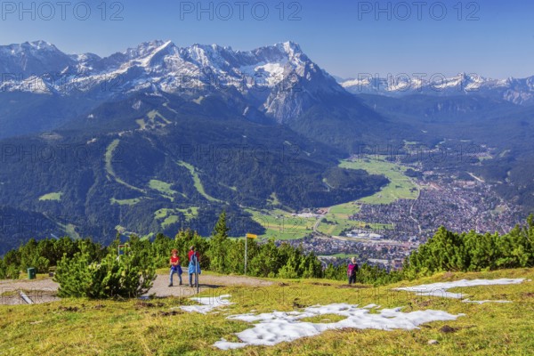 View from Wank 1780m to valley, village and Zugspitzgruppe 2962m, Garmisch-Partenkirchen,
