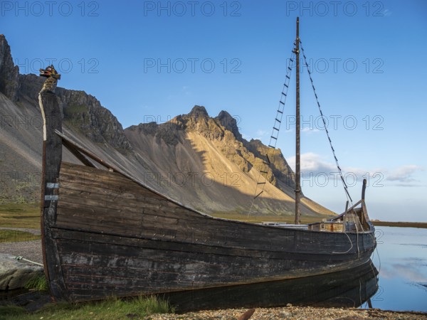 Replica of a viking ship, viking village, Stokksnes, east of Höfn, East Fjords, Iceland, Europe