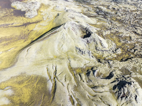 Moss-covered Laki crater or Lakagígar, series of craters, aerial view, interior highlands of