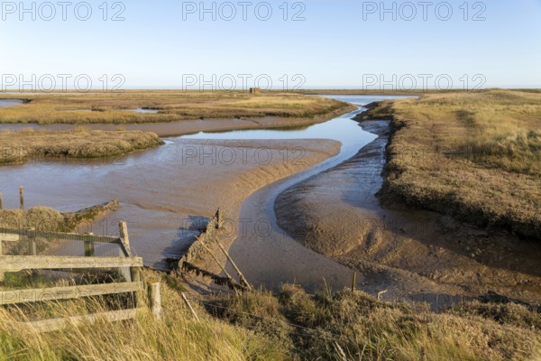 Landscape mudfats saltings tributary of River Ore low tide, Orford Ness spit, North Sea, Suffolk,