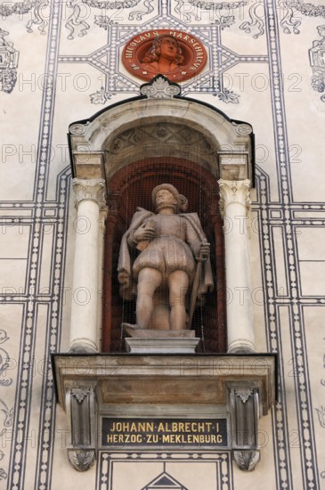 Sculpture of Johann Albrecht I Duke of Mecklenburg, 1525-1576, on the main façade of the University