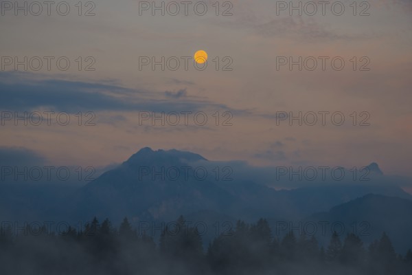 Morning atmosphere at full moon, Hopfensee, near Fuessen, Ostallgaeu, Allgaeu, Upper Swabia,