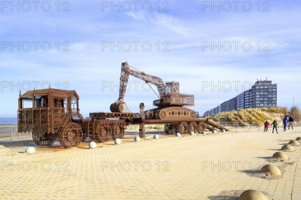 Caterpillar + Flatbed Trailer, artwork by Belgian neo-conceptual artist Wim Delvoye at seaside