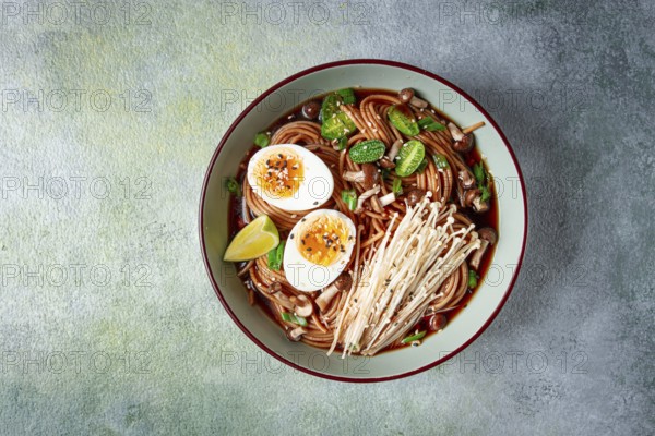 Soba, buckwheat noodles, with enoki mushrooms, shimeji and boiled egg, top view, homemade, no
