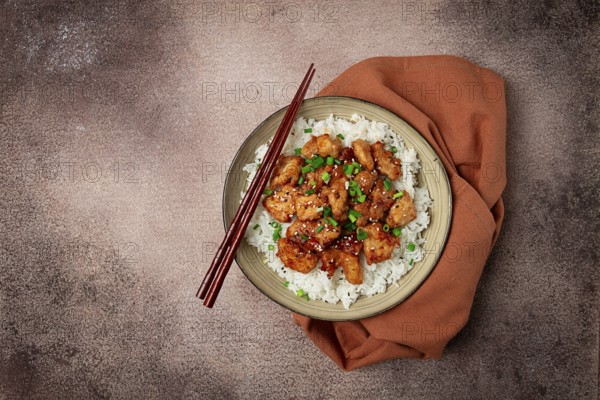 Fried chicken teriyaki with rice, green onion and sesame, homemade, no people