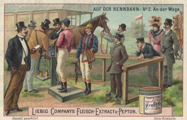 Picture series At the racecourse, An der Waage, Liebig picture, digitally restored reproduction of