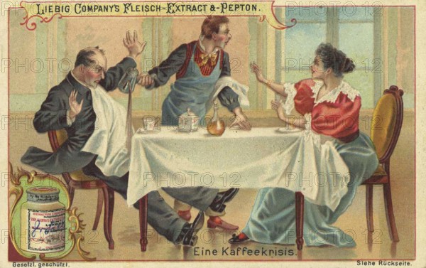Picture series Scenes from everyday life, A coffee crisis, Waiter pours coffee on the guest, Liebig